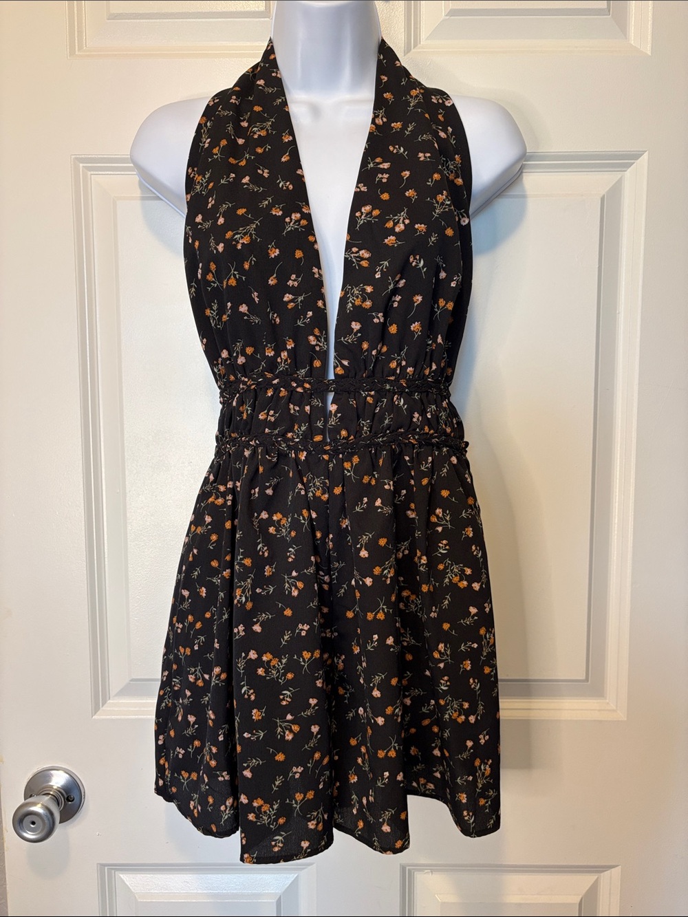 SHEIN Halter Floral Mini Romper/Dress in Black with Orange Accent Size Medium